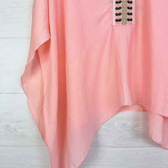 Anthropologie Floreat Kimono Top OS Pink Embroidered‎ Satin Boho Artsy Vacation - Picture 4 of 13